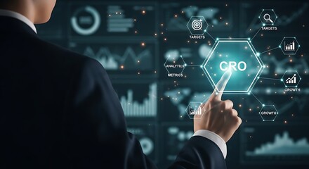 A businessperson interacting with a cro conversion rate optimization interface, highlighting the importance of datadriven strategies for business growth and success