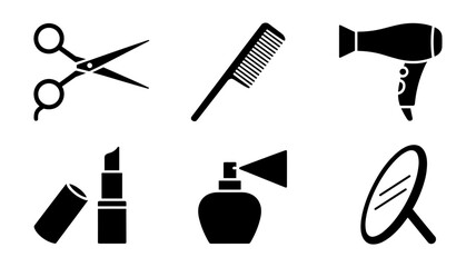 Set of black vector icons featuring beauty and personal care items: scissors, comb, hair dryer, lipstick, perfume spray bottle, and makeup mirror. Ideal for beauty salons, spa menus, hairdresser apps,