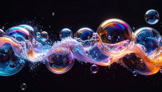 Vibrant, abstract swirls of liquid and soap bubbles.  Multicolored, iridescent orbs and wavy streams of fluid against a deep black background.  Splashes and movement are visible