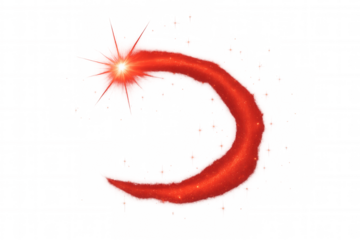 Sparkling red light trail forming a crescent shape against a transparent background, ideal for adding a touch of magic to designs