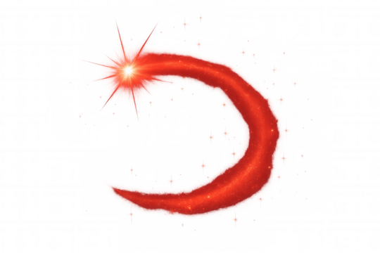 Sparkling red light trail forming a crescent shape against a transparent background, ideal for adding a touch of magic to designs
