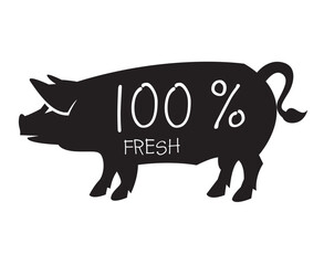 monochrome illustration with silhouette of pig isolated on white background