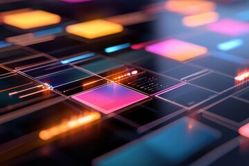 A vibrant, abstract depiction of colorful digital blocks, resembling a futuristic interface or technology background.