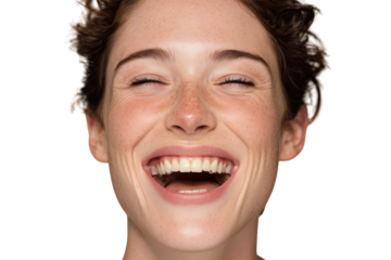 Happy young woman laughing joyfully with natural freckles and perfect teeth close-up facial expression PNG with a transparent background