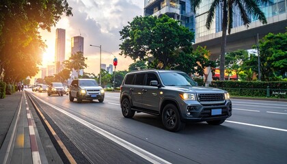 Fototapeta premium Gray SUV leads traffic on palm-lined urban road at sunset—modern buildings, golden light, and tree-lined boulevard evoke warmth, motion, and city life.