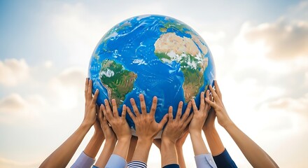 Many hands holding the world globe, symbolizing global cooperation, unity, and environmental protection, showcasing a shared responsibility for the planets future and sustainability