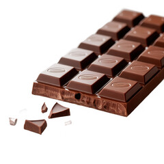 Delicious milk chocolate bar with broken pieces showing rich texture isolated on transparent background