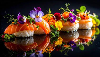 a close-up of artfully arranged sushi pieces, each topped with delicate garnishes like edible flowers and roe. The sushi is reflected on a glossy black surface