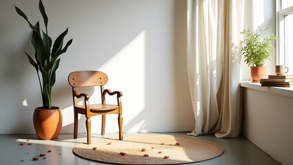 Fototapeta premium Minimalist interior design with chair plant and natural light for home decor inspiration