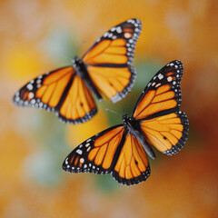Obraz premium Two orange and black monarch butterflies in flight
