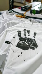 White t-shirt with black handprint graphic
