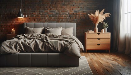 Cozy bedroom with a large bed, brick wall, and wooden furniture, creating a warm and inviting atmosphere
