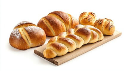 Assorted freshly baked bread and rolls on a wooden cutting board showcasing golden crusts and soft textures perfect for breakfast or bakery display