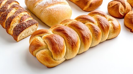 Assortment of freshly baked bread including braided loaf baguettes rolls and pastries on a clean white surface perfect for bakery or breakfast scenes