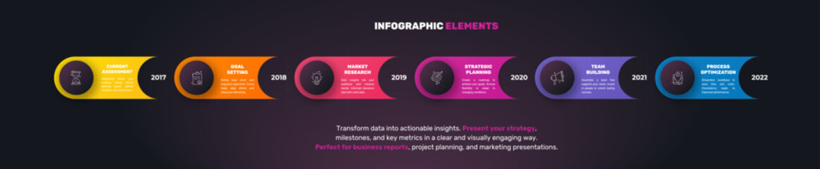 Modern infographics vector template. Cyclic infographic with six circles. Timeline design template with 6 options, steps, and parts. Flat illustration for business.