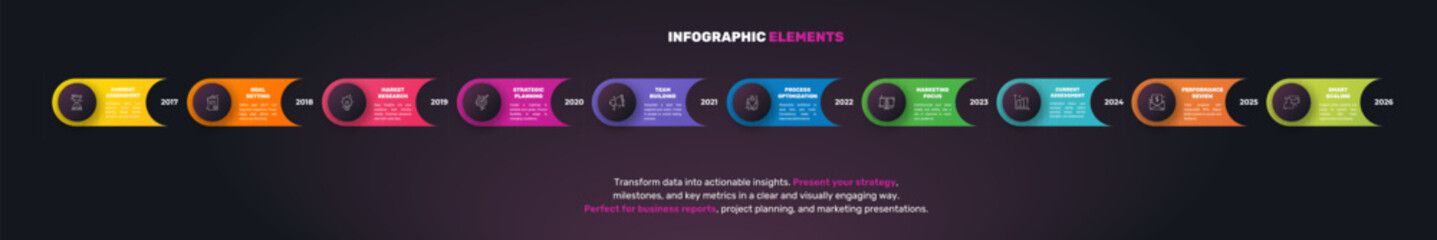 Vector timeline infographics template with ten circles and options. Blank space for web, infographic, diagram, business, digital network, flowchart, presentations