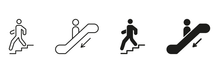 Walking And Escalator Direction Icon Set. Pedestrian Movement And Escalator Usage Outline And Silhouette Symbol Collection. Public Transport And Navigation Guidance. Isolated Vector Illustration