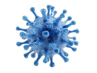 A stylized 3D rendered illustration of a blue virus with a snowflake pattern, resembling an ink blot or paint splash
