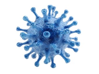 A stylized 3D rendered illustration of a blue virus with a snowflake pattern, resembling an ink blot or paint splash