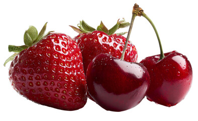 Ripe red cherries and juicy strawberries, a delicious and healthy dessert isolated on a white background