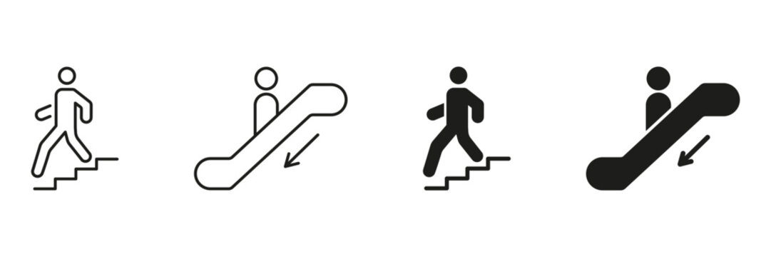 Walking And Escalator Direction Icon Set. Pedestrian Movement And Escalator Usage Outline And Silhouette Symbol Collection. Public Transport And Navigation Guidance. Isolated Vector Illustration