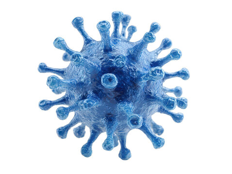 A stylized 3D rendered illustration of a blue virus with a snowflake pattern, resembling an ink blot or paint splash