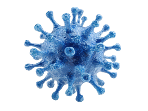 A stylized 3D rendered illustration of a blue virus with a snowflake pattern, resembling an ink blot or paint splash