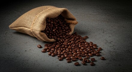 Coffee Beans in a Bag on a Dark Surface.