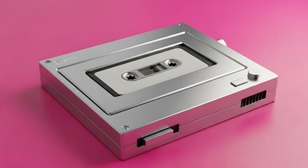 Obraz premium Retro Cassette Tape, Modern Metal Housing, Pink Background.