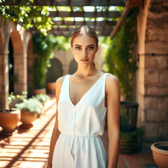 A striking woman in a white dress stands in a beautiful stone courtyard walkway