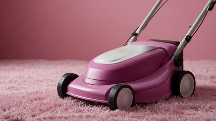 Fototapeta premium Pink lawnmower on pink grass, quirky and colorful scene.