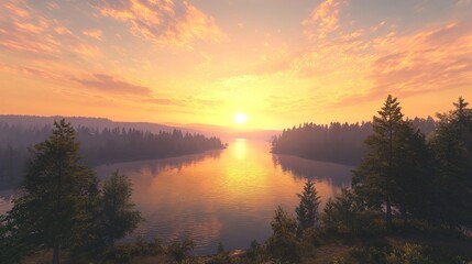 Obraz premium A photo-realistic sunset landscape overlooking a wide, calm river from a high vantage point framed by silhouetted trees. 