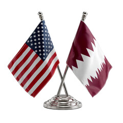 Diplomatic Duo: Two flags, the American and Qatari flags, crossed in a symbol of partnership, diplomacy, and international relations. A symbolic moment.