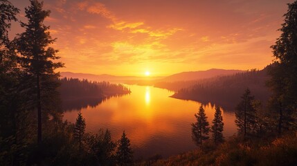 Fototapeta premium A photo-realistic sunset landscape overlooking a wide, calm river from a high vantage point framed by silhouetted trees. 