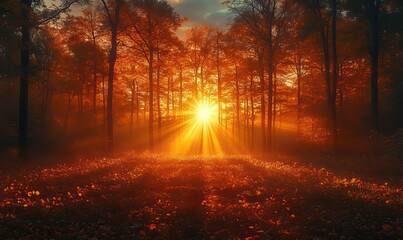 Golden Hour in Autumn Forest with Sun Rays Piercing Through the Trees