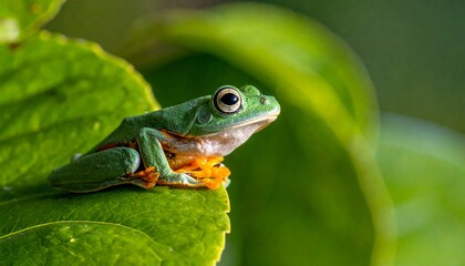 Obraz premium Close-up of a vibrant green tree frog on a leaf