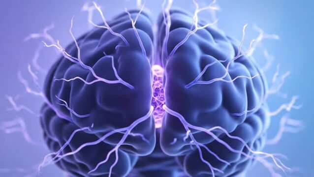 Conceptual visualization of a glowing brain with electrical impulses symbolizing intelligence and neural activity