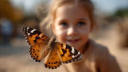A butterfly flying near a smiling child outdoors.
