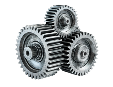 Interlocking Gears of Industry: A detailed depiction of three intricately meshed metallic gears, symbolizing collaboration, precision.