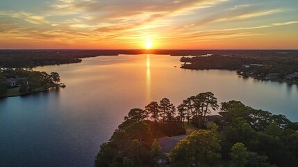 A stunning sunset view of the entire Lake Conroe, Texas from an elevated perspective overlooking hills and trees with beautiful colors in the sky. 