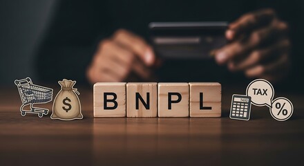Closeup of wooden blocks spelling out bnpl buy now pay later with shopping cart, money bag, calculator, and percentage icons, representing modern financial concept