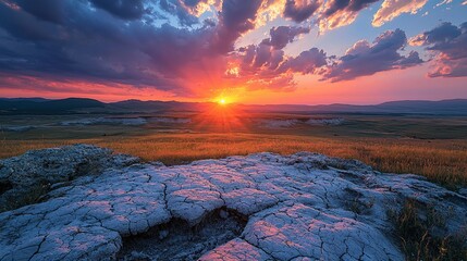 Vibrant sunset over a vast, cracked earth landscape.  Golden hour light bathes the scene