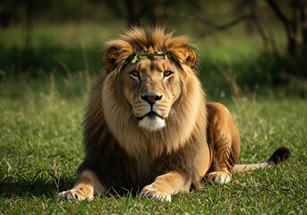 Fototapeta premium Majestic male lion with a crown of leaves resting in the grass