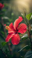 Fototapeta premium Vibrant red hibiscus flower yellow stamen image