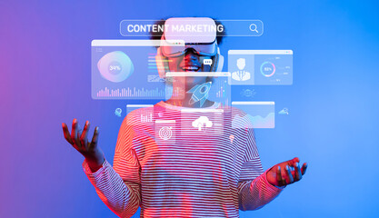 A person enjoys a virtual reality experience centered on content marketing, showcasing data...