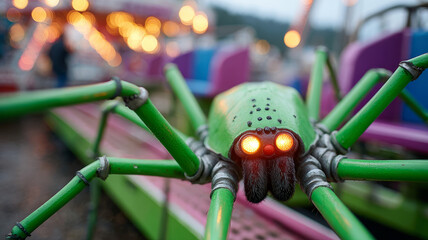 Mechanical spider ride with glowing eyes at an amusement park.