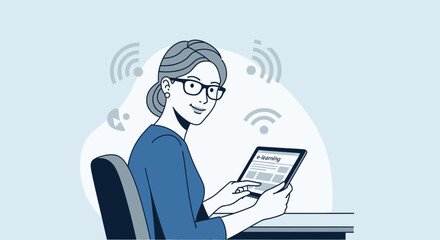 Online Learning Woman Using Tablet With Wifi Signals for Educational Content Access