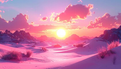 Pink desert sunset panorama