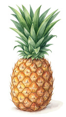Fototapeta premium Ripe pineapple green leaves watercolor fruit tropical