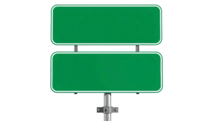 Blank green highway sign mounted on metal support isolated on transparent background